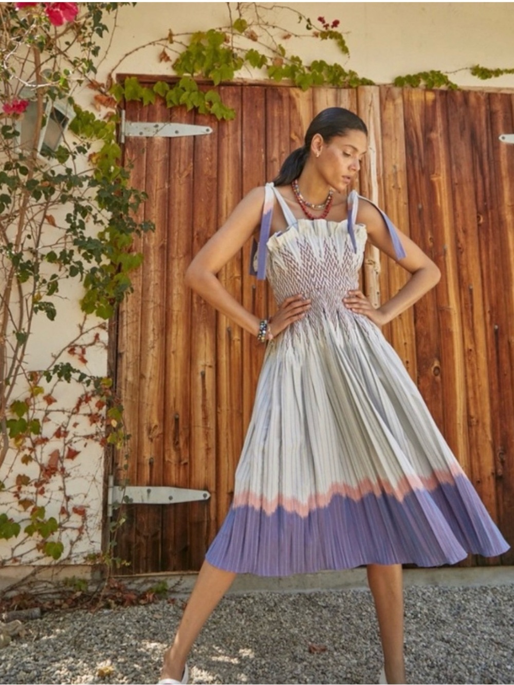 Hunter Bell Juliette Dress Smocked Midi Dress with Tie Straps in Lavender Ombre